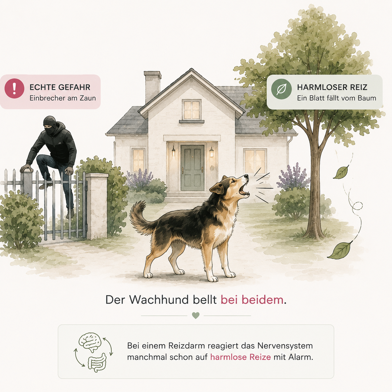 Illustration eines bellenden Wachhundes vor einer Darmsilhouette