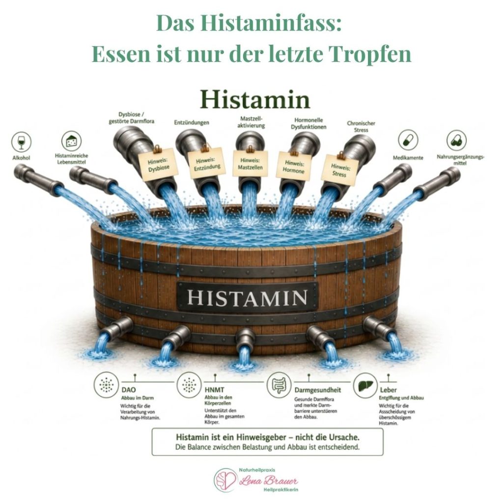 Histaminintoleranz: Das Histaminfass, in das Ernährung, Darm, Hormone und Stress fliessen, Essen ist nur der letzte Tropfen