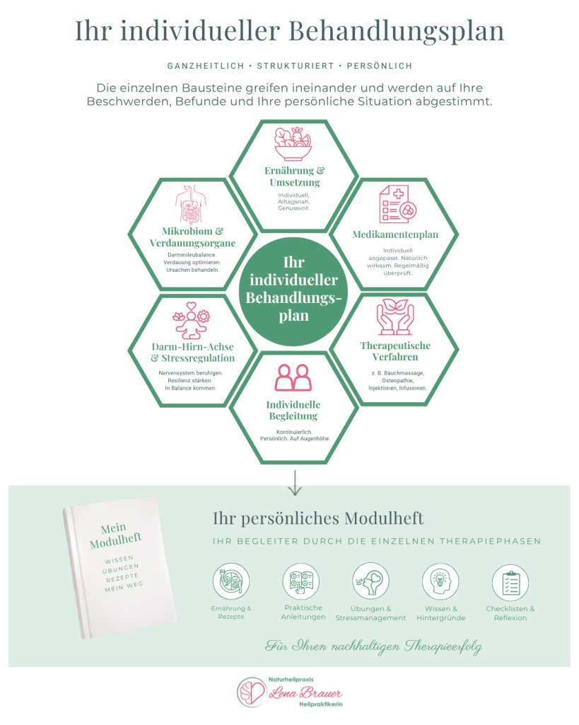 Individueller Behandlungsplan der Darmtherapie mit Ernährung, Medikamentenplan, therapeutischen Verfahren, individueller Begleitung, Therapieunterlagen sowie Lebensstil und Regeneration