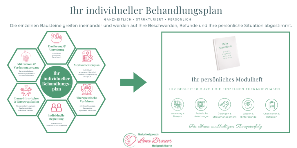 Individueller Behandlungsplan der Darmtherapie mit Ernährung, Medikamentenplan, therapeutischen Verfahren, individueller Begleitung, Therapieunterlagen sowie Lebensstil und Regeneration