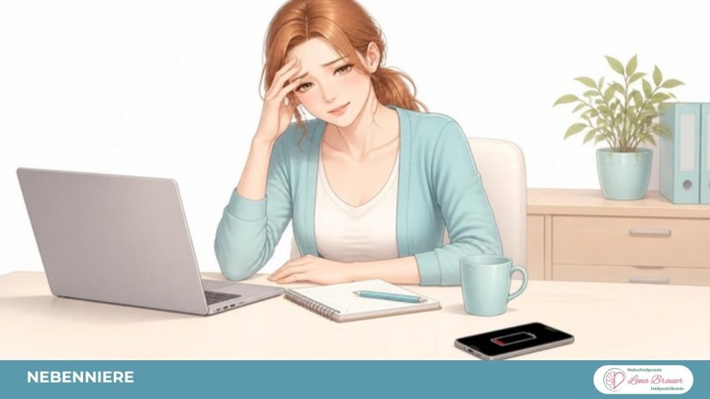 Erschöpfte Frau am Schreibtisch, Handy-Akku fast leer