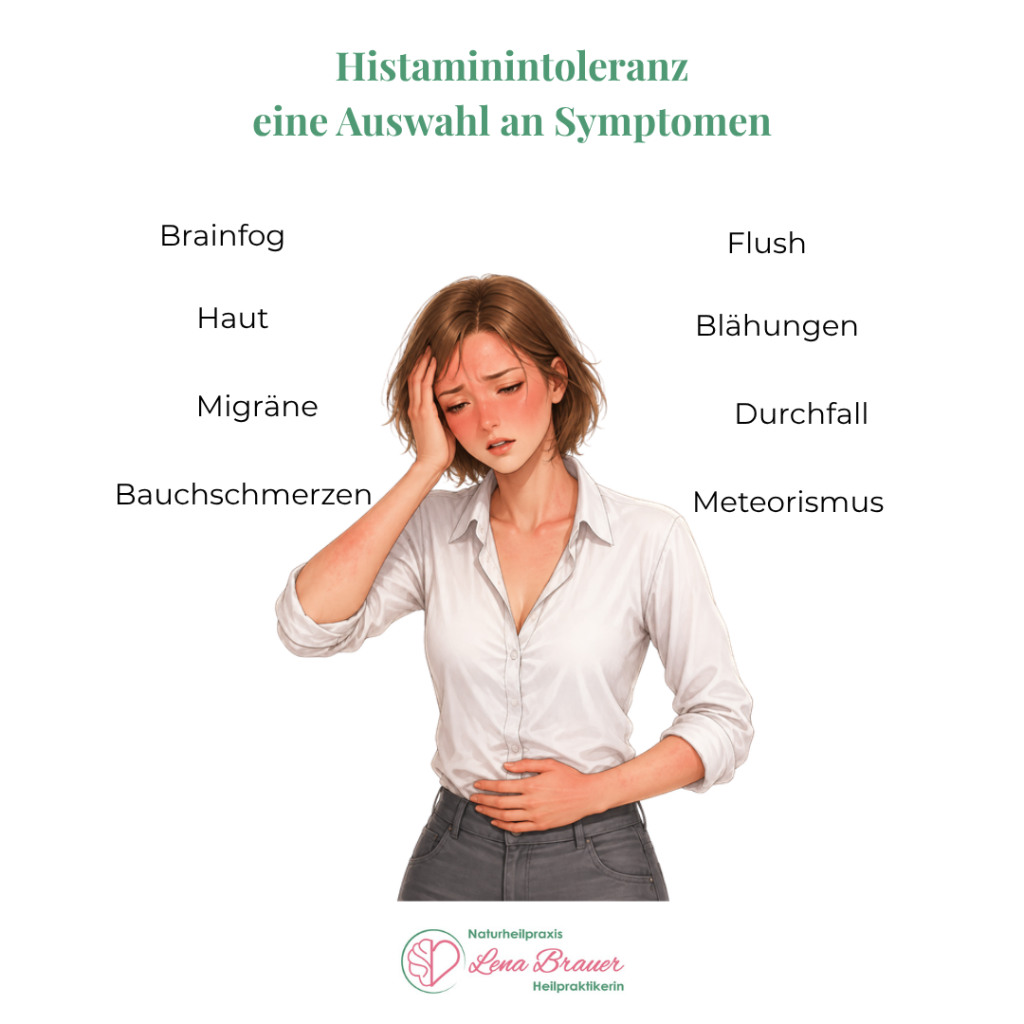 Histaminintoleranz: Auswahl an Symptomen wie Flush, Hautreaktionen, Migräne, Blähungen, Durchfall und Bauchschmerzen, naturheilkundliche Behandlung bei Heilpraktikerin Lena Brauer in München