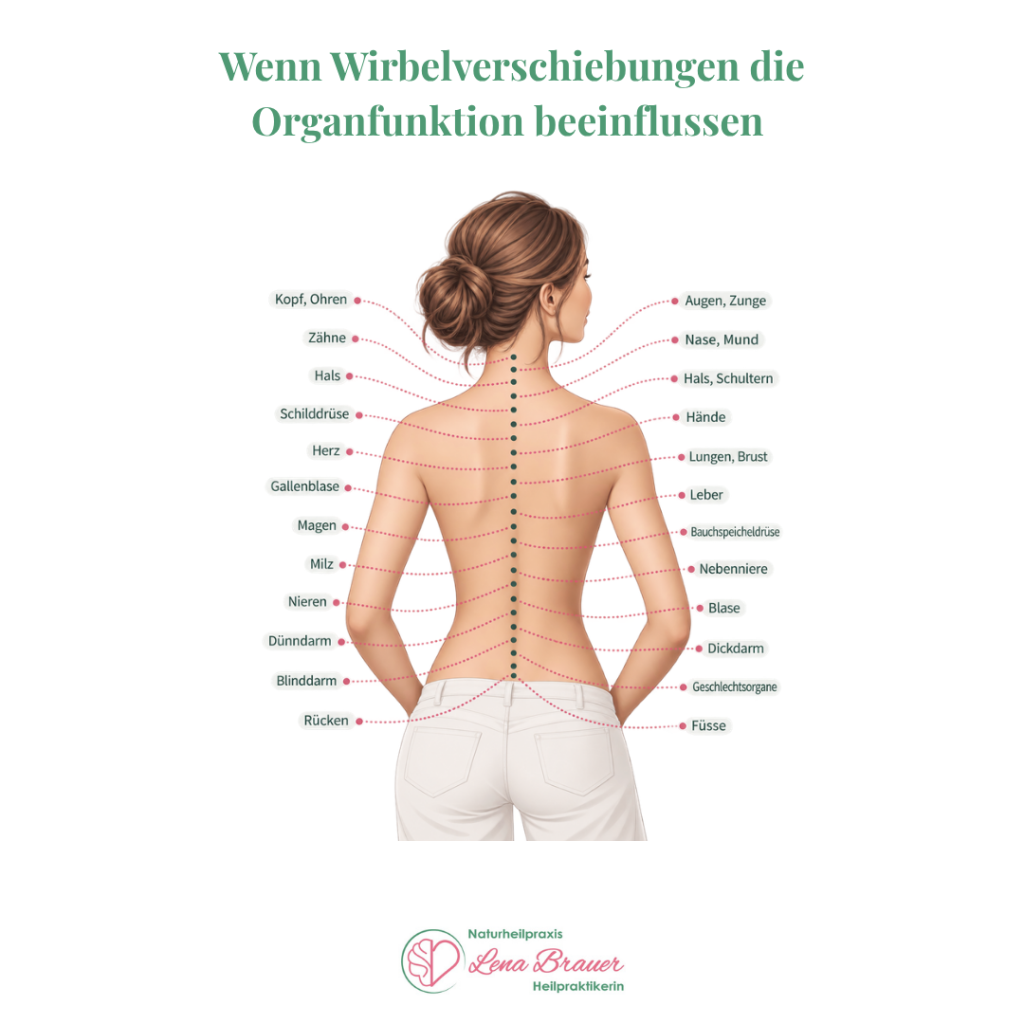 Wirbelsäule und Organe: Grafik, welche Wirbelsegmente mit welchen Organen verbunden sind, zum Beispiel Schilddrüse, Magen, Leber, Nebenniere und Darm, Heilpraktikerin Lena Brauer in München